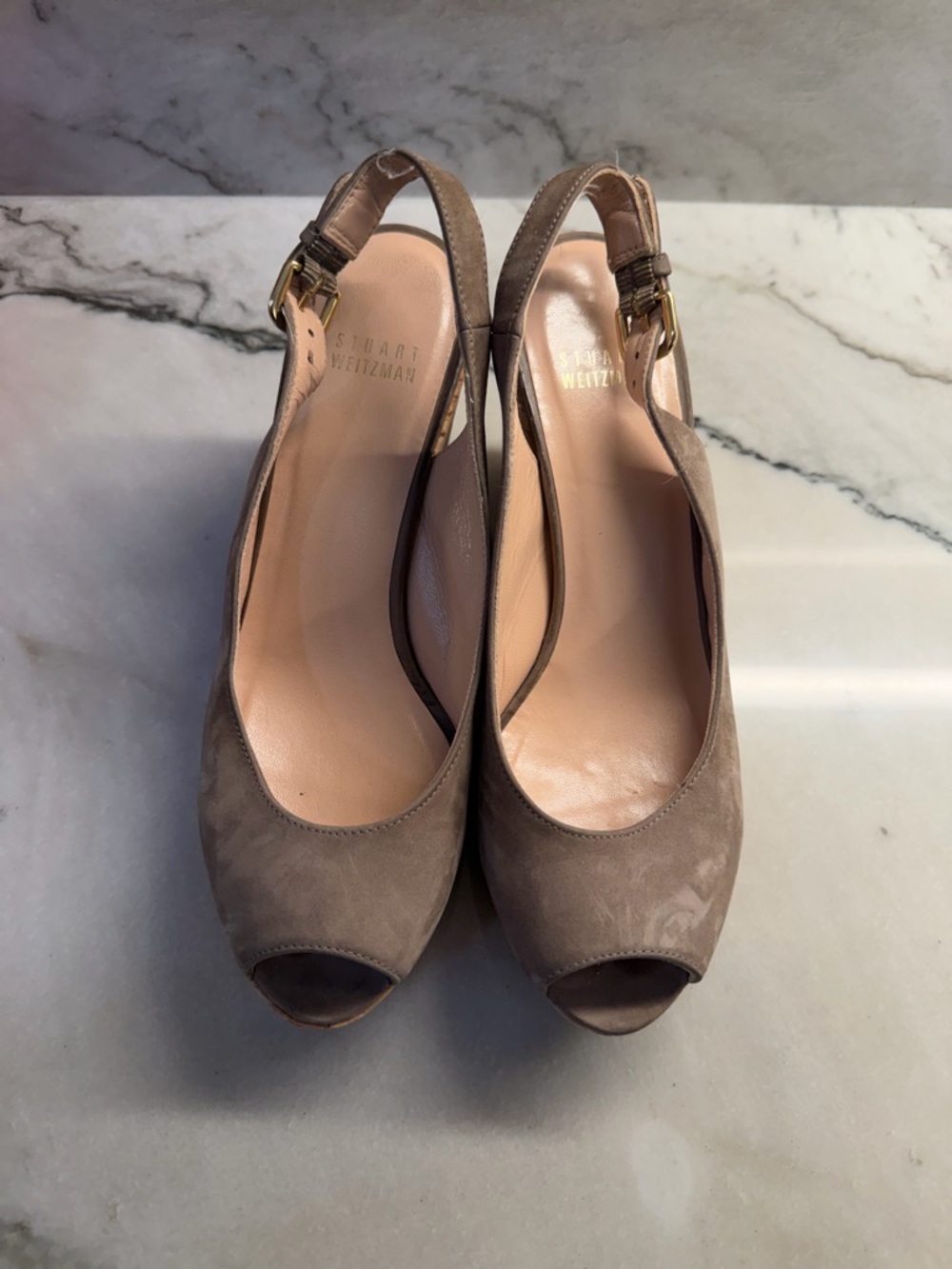 Stuart Weitzman Taupe Suede Cork Wedge Slingback Peep-Toe Sandals - Picture 2 of 4